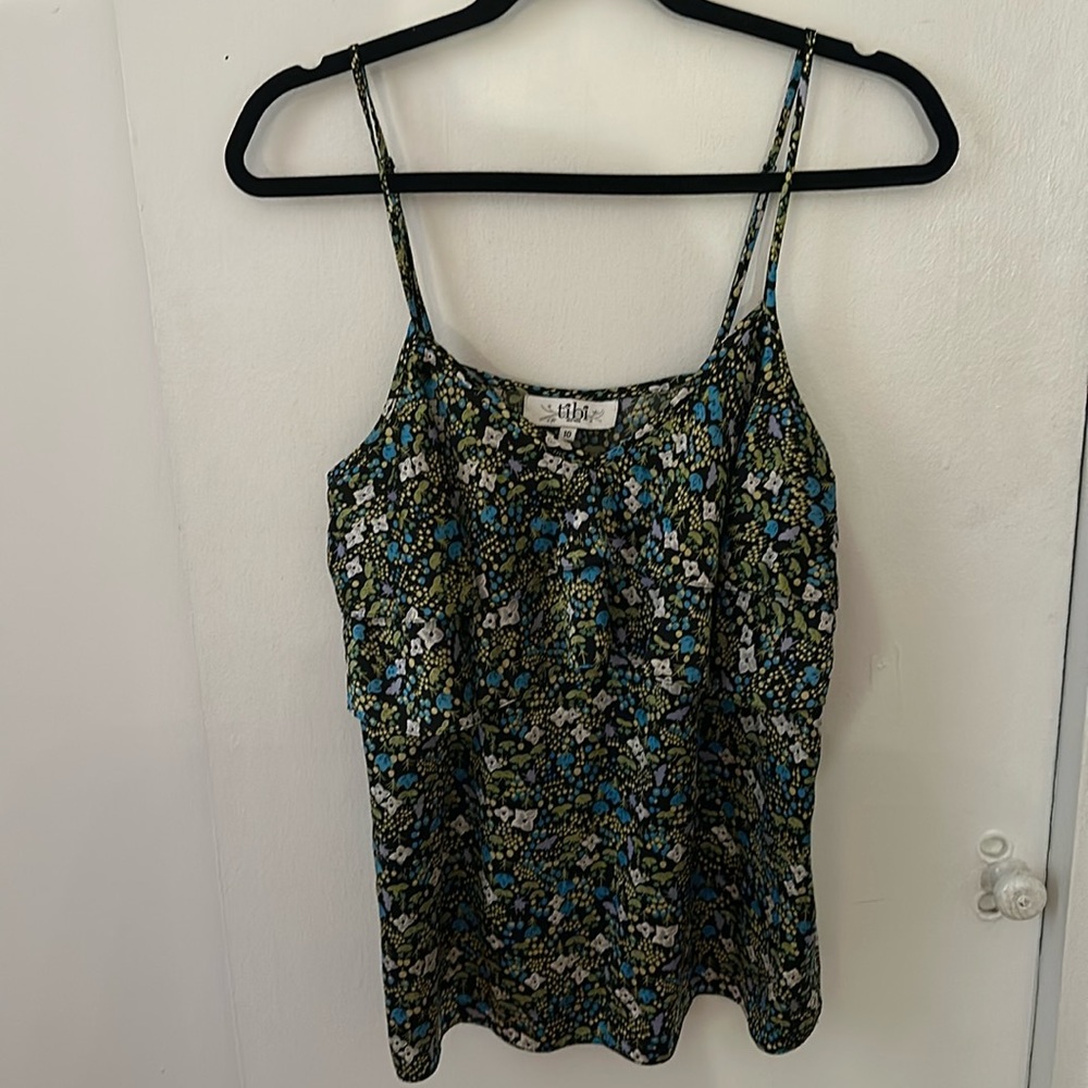 Tibi floral ruffle spaghetti tank top